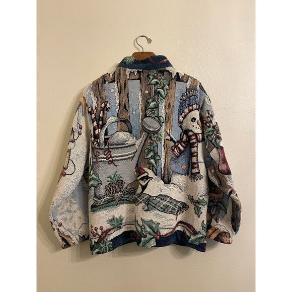 Vtg Sugar Street Weavers Christmas Holiday Snowman Tapestry Jacket Cardigan OS - Picture 2 of 8